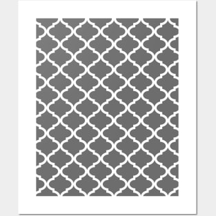 Charcoal Grey and White Quatrefoil Pattern Posters and Art